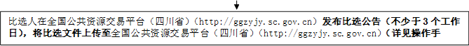 比選人在全國公共資源交易平臺（四川?。╤ttp://ggzyjy.sc.gov.cn）發(fā)布比選公告（不少于3個(gè)工作日），將比選文件上傳至全國公共資源交易平臺（四川?。╤ttp://ggzyjy.sc.gov.cn）（詳見操作手冊）。

